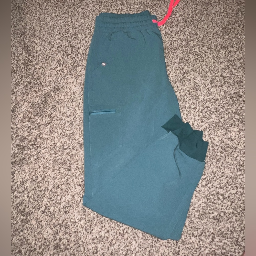 FIGS Teal Green Scrub Jogger Pants with Pink Drawstring